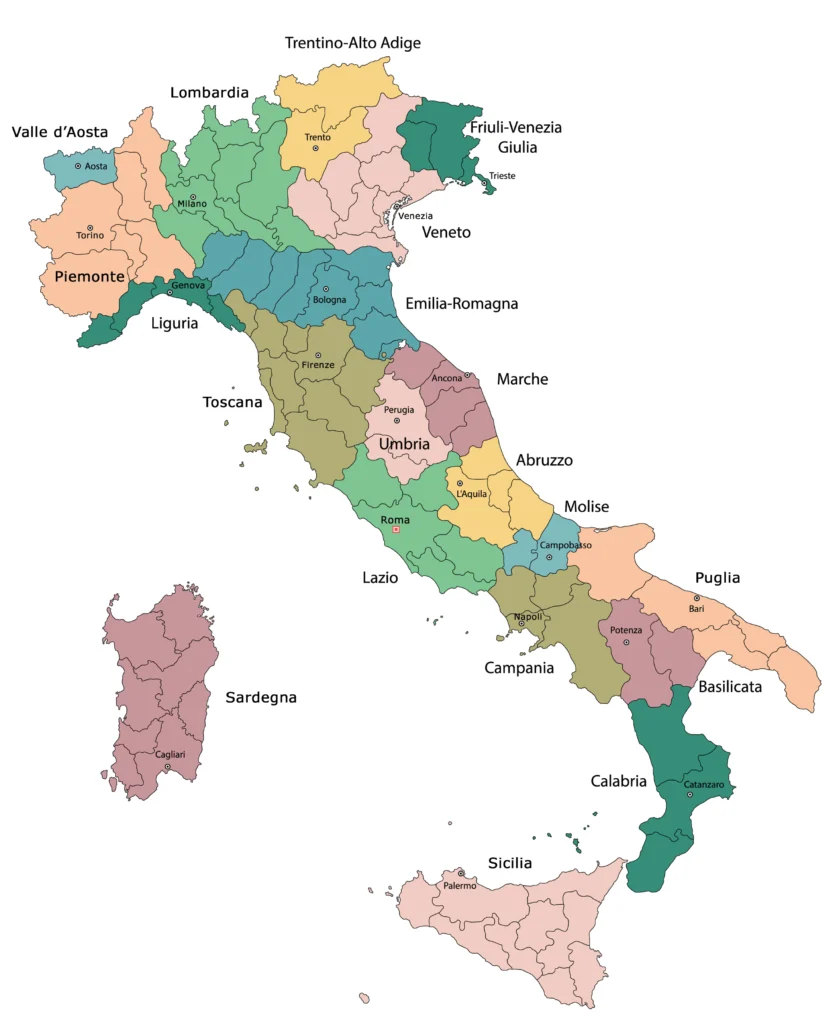 Italië kaart gedeeld door regio's
